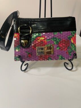 Betsey Johnson Purple Floral Sequin Wristlet with Black Patent Trim